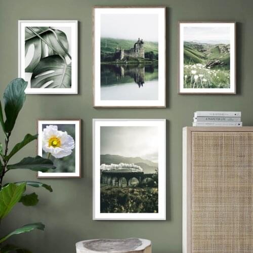 Scotland Train Fallen Castle Mountain White Flower Nordic Posters Prints Canvas Painting Wall Art Pictures For Living Room Decor