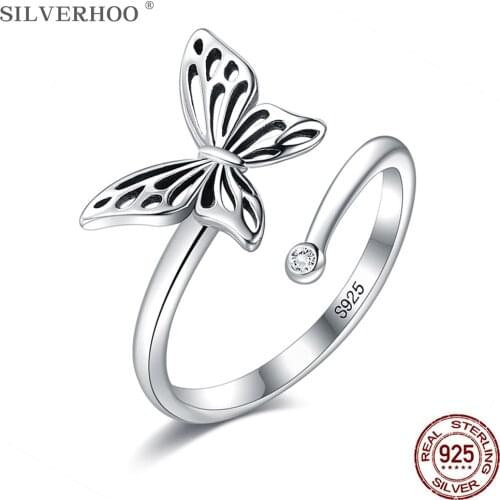SILVERHOO Sterling Silver 925 Ring Hollow Fly Butterfly Incredible Adjustable Rings For Women Birthday Jewelry Gift To Friend