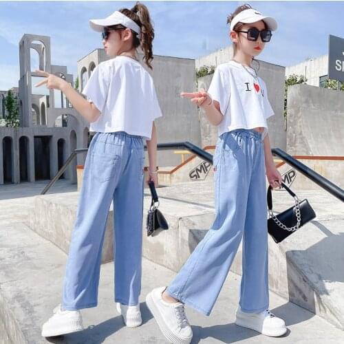 Big Girls Casual Clothing Sets Crop Top Tshirt + Pants Summer Thin Two Pieces Outfits Fashion Teens Embroidery Heart Tracksuits