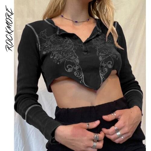 Rockmore Black Irregular Crop Top Women Gothic Long Sleeve T-shirt Autumn Sexy Print T Shirts Harajuku y2k Graphic Tees Grunge