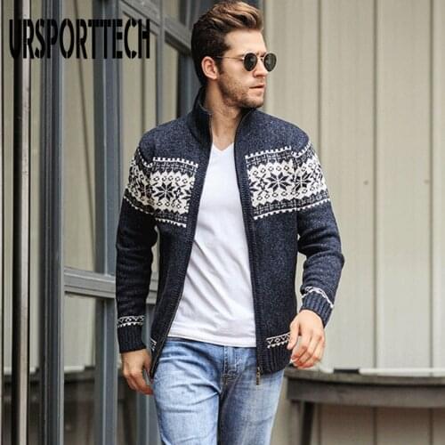 URSPORTTECH Autumn Winter Mens Jacquard Cardigan Sweater Stand Collar Loose Slim Fit Sweater Coat Plus Size Mens Casual Sweater