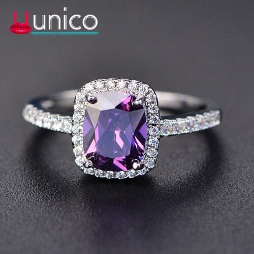 UUNICO New Square Ring Silver Color Wedding Ring Square Simulated Multicolor Crystal Wedding Lovers Ring US Size From 5 To 11