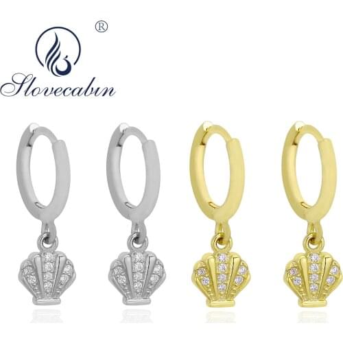 Slovecabin Special Design Authentic 925 Sterling Silver White Zircon Shell Drop Earrings Clear CZ For Women Luxury Femme Gift