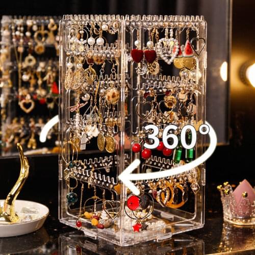 360 Degree Rotating Jewelry Storage Box Earring Display Stand Organizer Earrings Bracelet Necklace Rack Detachable