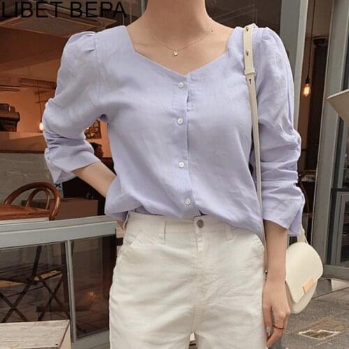 New 2021 Summer Autumn Womens Blouses Fashionable V-Neck Elegant Ruched Vintage Korean Minimalist Style Shirts Lady Tops BL3195
