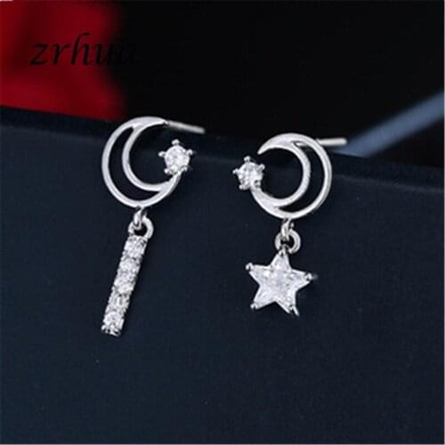 ZRHUA Newest 2019 Moon Star Asymmetry Drop Earrings Hot 925 Sterling Silver Brincos Wedding Engagment Jewelry for Women Lovers