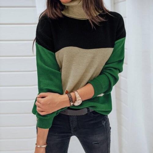 Women Pullovers New Turtleneck Patchwork Sweaters&Jumpers Casual High Collar Long Sleeve Knitted Sweater Female Tops