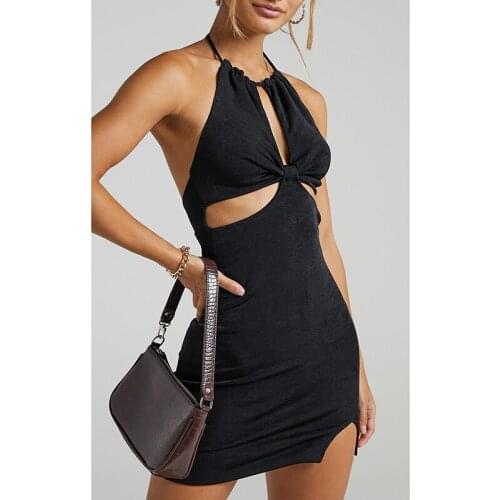 Women Summer Halter Backless Dress Fashion Stylish Sleeveless Hollow Out Solid Color Vintage Mini Dress Blue/Black