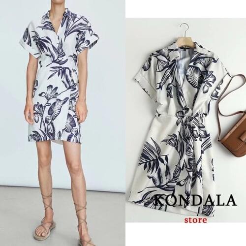 KONDALA Za 2021 Vintage Floral Print Mini Party Dress Women Short Sleeve V Neck Sashes Cotton Casual Dress Summer Vestidos