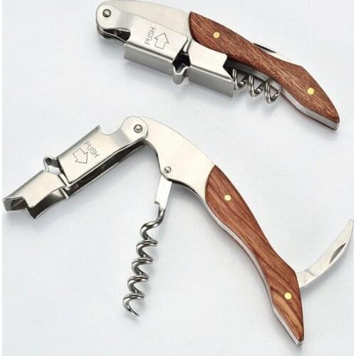 200pcs Wood and Stainless Steel Cork Screw MultiFunction Hippocampal Red Wine Opener Shrimp knife Beer Cap Can Bottle Opener