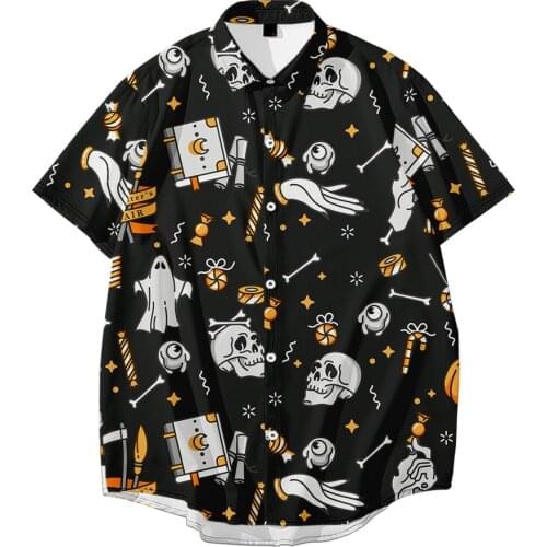 2021 Mens Halloween Ghost Print Streetwear Women Loose Plus Size 5XL 6XL Light Casual Short Sleeve Button Up Shirts