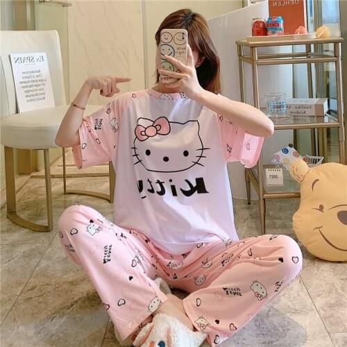 2021 Sanrio Hello Kitty short-sleeved long-sleeved suit girls summer new pajamas women sleepwear