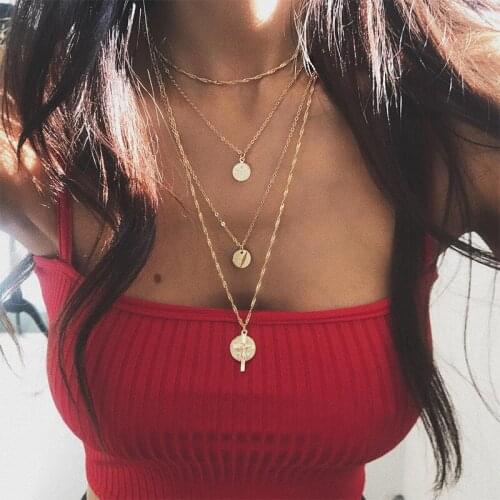 4 Pcs/Set Bohemian Women Carving Jesus Cross Round Chain Pendant Clavicle Necklace Personality Multilayer Gold Necklace Set