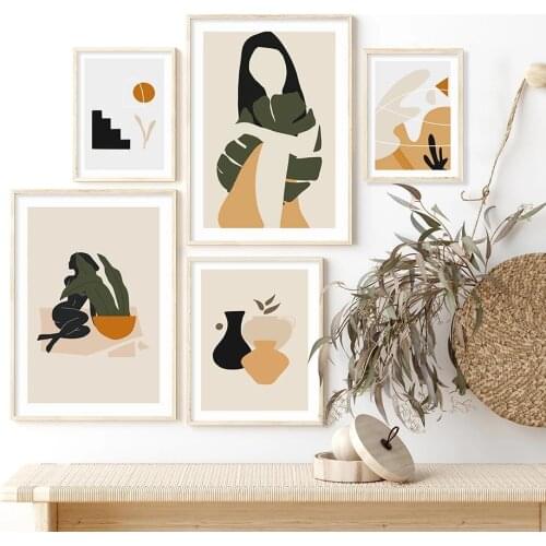 Abstract Boho Canvas Painting Silhouette Natural Tropical Leaves Vase Posters And Prints Wall Art Picture Living Room Home Decor