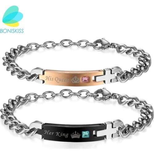BONISKISS Self Design Lovers' Bracelets Customize Gift For Lover "His Queen""Her King " Stainless Steel Bracelet Jewelry Bijoux