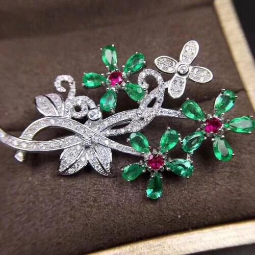 Flower Style Natural real emerald 925 sterling silver Emerald brooch pins Free shipping gemstone