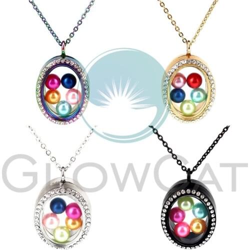 Crystal Geometric Oval Pendant Necklace Glass Locket 50cm Steel Chain Necklace Pearl Cage Pendant for 8mm Pearl