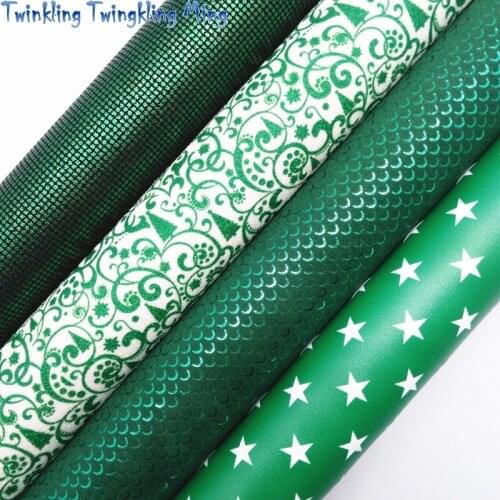 Green Flowers Printed Glitter Fabric, Stars Printed Faux Leather, Metallic Faux Leather For Bow 21x29CM Twinkling Ming KM446