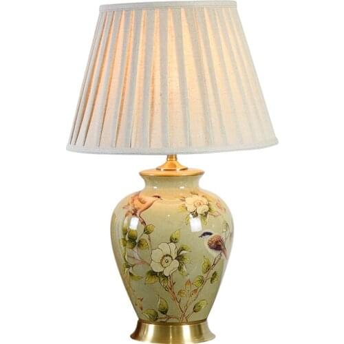 Chinese Yellow Flowers And Birds Ceramic Table Lamp For BedRoom Bedside Living Room Foyer Study Desk Reading Night Light TD097