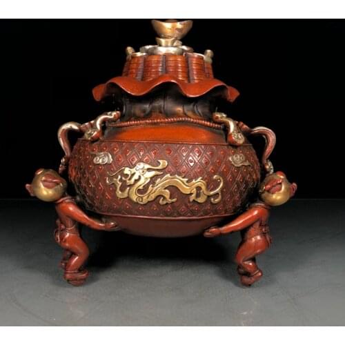 10"Tibet Buddhism Old Bronze Gilt Real gold silver Ingots incense burner Boy statue Wishful incense burner