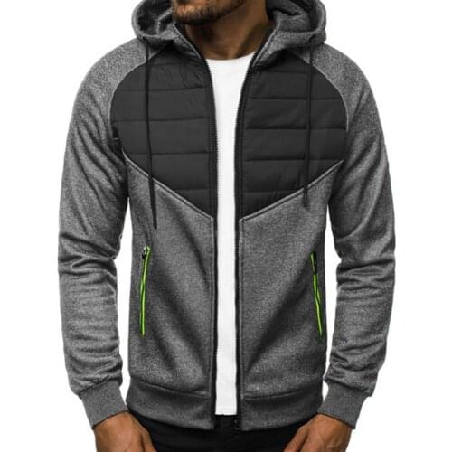 Men Hooded Patchwork Jacket Autumn Winter Long Sleeve Zipper Closure Windproof Coat Slim Fits Skin-friendly Outerwear Streetwear