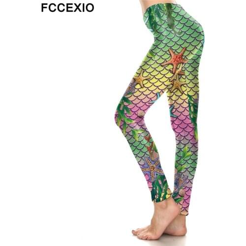 FCCEXIO Shining Deep Sea Mermaid Wings High Waist Leggings Green Scales Print Legging Stretch Fitness Legins Women Workout Pants