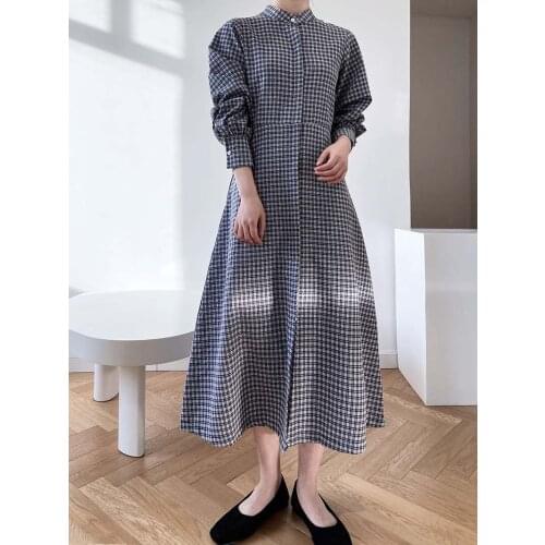 LMQ NEW 2021 Early Spring Women Korean Classic Gentle Plaid Dress Mid-Length Over The Knee French Stand-Up Collar Shirt Dress