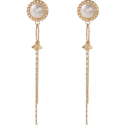 S925 Silver Needle Fashion and Popular Long Metal Chain Tassel Drop Earrings Inlaid Pearl Gold Plated Earrings women