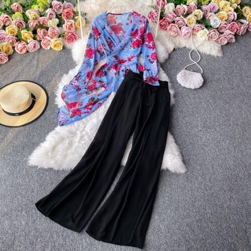 Fashion suit 2021 spring and autumn new retro cross tie blouse high waist thin wide leg trousers two-piece suit