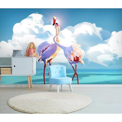 Bacal Custom 3D Wallpaper Mural Nordic Pink Couple Flamingo Blue Sky Children Room Background Wall 5d Decoration Painting Huda