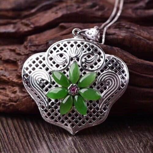 Natural green jasper Pendant natural Purple crystal pendant necklace S925 silver Retro Chinese style Hollow lady gift jewelery
