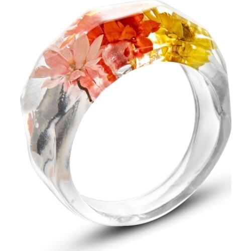 New Colourful Real Dried Flowers Resin Acrylic Rhinestone Geometric Square Round Rings Set for Women Jewelry Travel Gifts