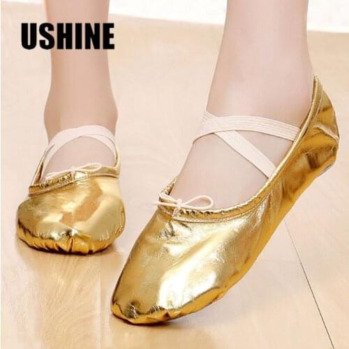 USHINE professional PU yoga belly dance shoes performance silver golden soft sole gym ballet dance shoes children girls woman
