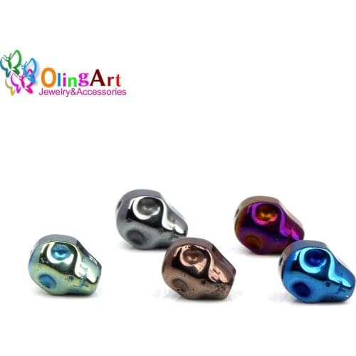 OlingArt 10MM 20pcs Natural Stone Black Hematite Beads Metal plating color Skull head DIY necklace Bracelet jewelry making 2019