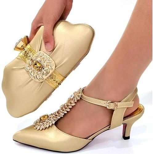 OLOMM Gold Color Ladies African Shoes and Bag Set Nigerian Shoes with Matching Bags High Heels Party Shoes!W-16