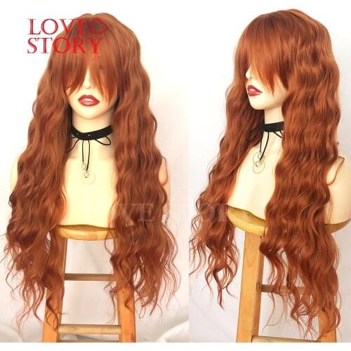 Lovestory Loose Wave Synthetic Silk Base Wig Orange Color Glueless Synthetic None Lace Wigs With Full Bang For Fashion Women