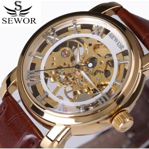 Luxury brand fashion Men skeleton vintage clock mechanical hand-wind watch leather Strap Watches Steampunk Antique Wrist watch