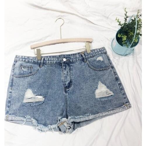 Ripped Women Denim Shorts Blue High Waist Straight Burrs Jeans Shorts 2021 Summer New Fat Lady Short Jeans Female
