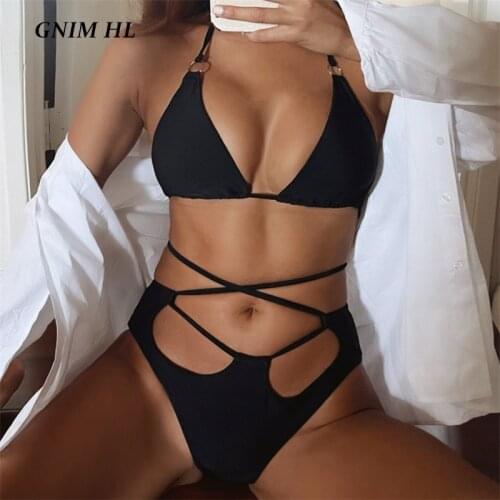 GNIM Sexy Solid Black Swimwear Women 2 Pieces Set High Waist Bikini Mujer 2021 Summer Backless Triangle Swimsuit Female Biquini