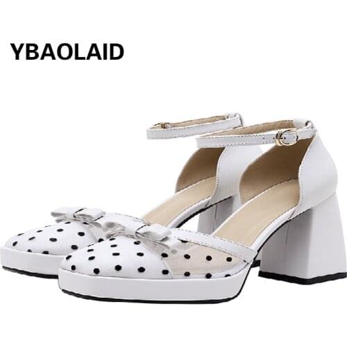 2021 Summer New Cowhide Net Yarn Wave Point Baotou Thick Heel Sandals Female Color Matching Bow Waterproof Platform High Heels