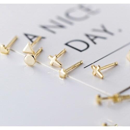 Genuine 925 Sterling Silver Triangle Heart Star Cross Round Stud Earrings For Women Silver 925 Jewelry