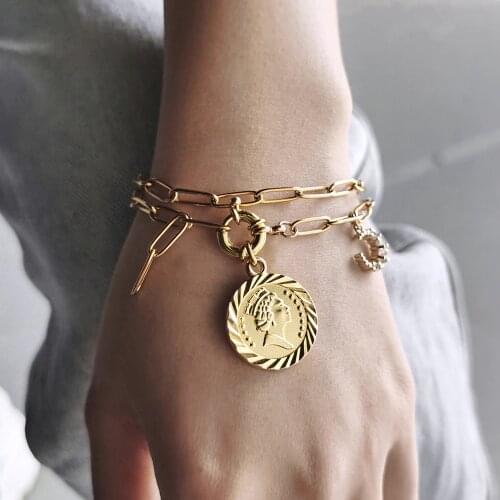 Charms Bracelet for Women Double Layered Gold Color Paperclip CZ Moon Round Elizabeth Queen Chain Bracelet New LDB308
