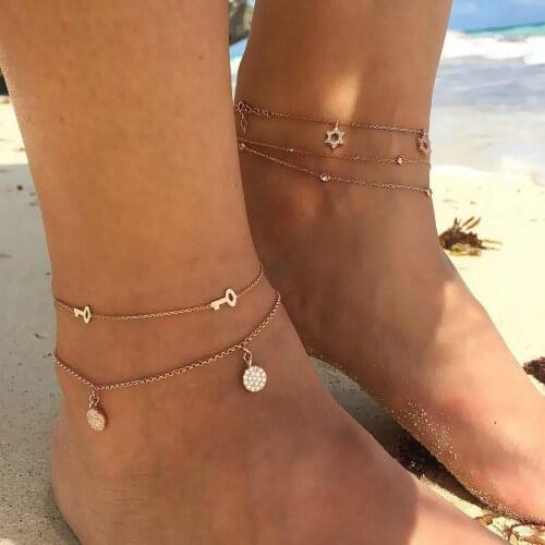 2 Style Fashion Key Stars Wafer Crystal Chain Pendant Multilayer Gold Anklet Women Summer Beach Charm Jewelry Accessories