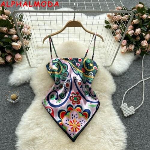 ALPHALMODA 2021 Treny Print Top Womens Sexy Backless Strap Camis Scarf Tie Crop Top Beach Holidays Sexy All-matching Summer Top