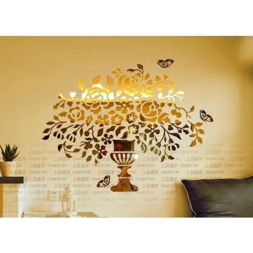 Golden Vase of Flowers Crystal Acrylic Mirror Wall Stickers Entranceway Home Decoration DIY 3d Wall Stickers