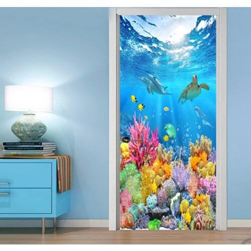 3D Cartoon Underwater World Door Sticker Kids Bedroom PVC Self-Adhesive Waterproof Home Design Wall Decals Vinyl Wallpaper Decor