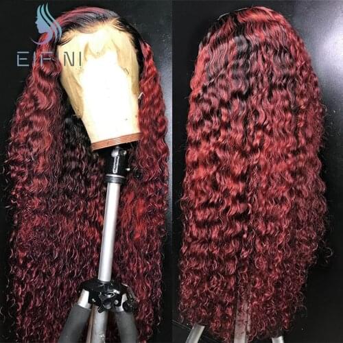 99J Omber Burgundy Curly Lace Human Hair Wigs T Part Malaysian Remy Hair Wigs For Black Women Perplucked 200% Density Eifini Wig