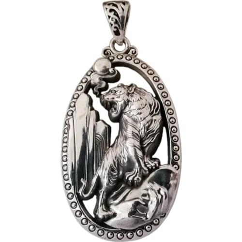 BOCAI New solid s999 Pure Silver Domineering Tiger Roaring Mountains and Rivers Zodiac Tiger Man Pendant Birth Year