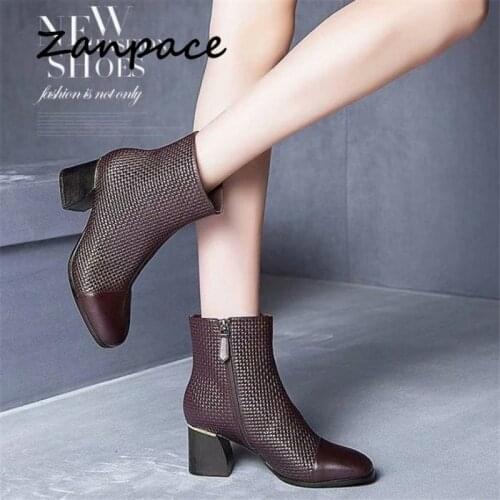 2020 NEW Fashion Womens Boots Leather Thick Heel Ankle Boots Winter High Heels Warm Fur Shoes Winter Women Martin Boots