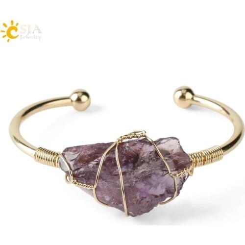 CSJA Natural Stone Bangles Cuff Copper Bracelets for Women Gold-Color Wire Wrap Irregular Crystal Quartz Girls Kids Jewelry G327